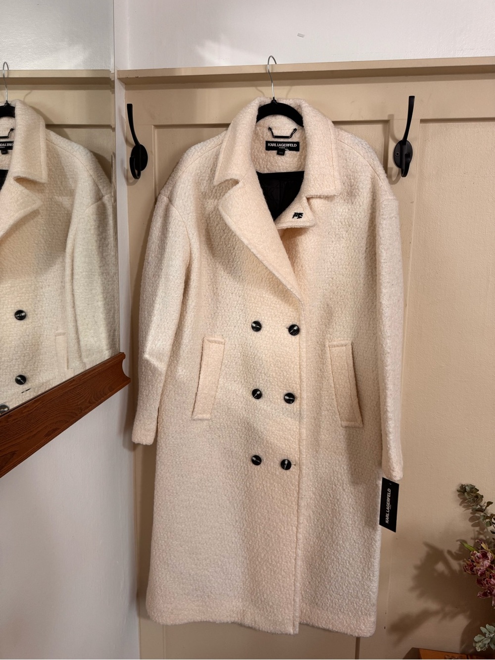 Karl Lagerfeld Cream Double-Breasted Teddy Pea Coat - Picture 6 of 6